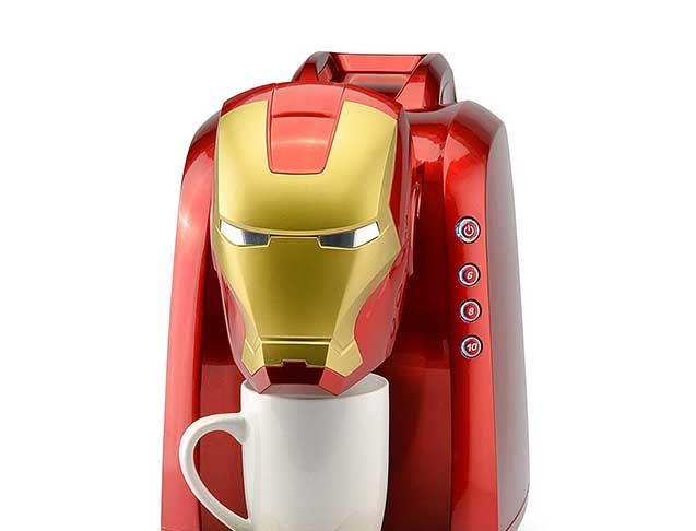 The Iron Man Coffee Maker with white cup