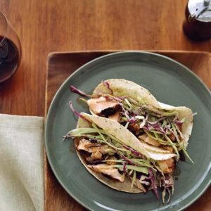 Dry-Rubbed Salmon Tacos with Tomatillo-Avocado Slaw