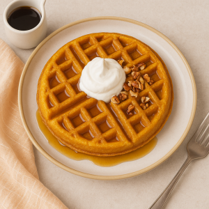 erve warm waffles in a plate with maple syrup, whipped cream, or your favorite toppings.